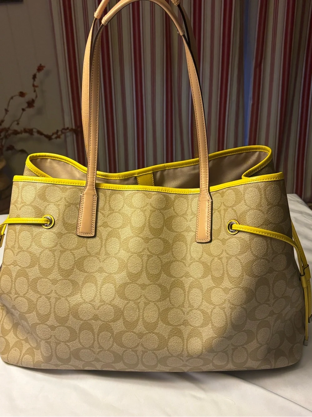 Coach Beige Signature Tote with Yellow Center Stripe. Used once!